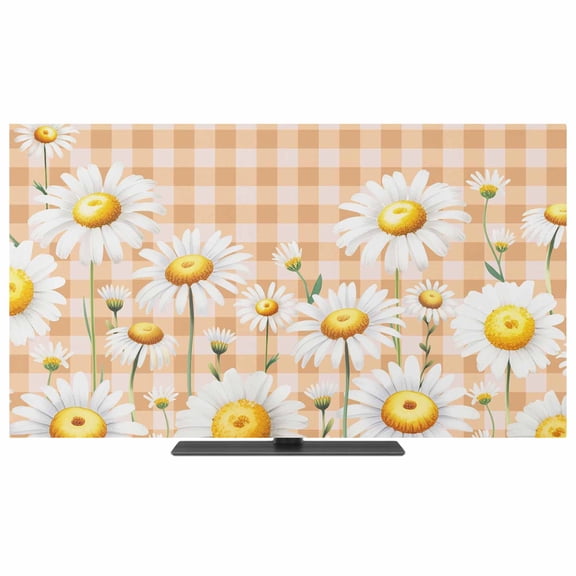 TV Cover Indoor, Spring White Daisy Stretch TV Dust Cover Television Screen Protector, Farmhouse Floral Orange Buffalo Plaid Elastic Polyester Display Covers, Monitor Slipcover for LED TVs 24 Inch