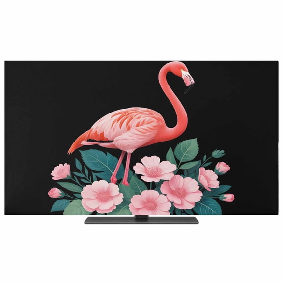 TV Cover Indoor, Summer Flamingos Stretch TV Dust Cover Television Screen Protector, Tropical Botanical Flowers Animals Black Elastic Polyester Display Covers, Monitor Slipcover for LED TVs 75 Inch
