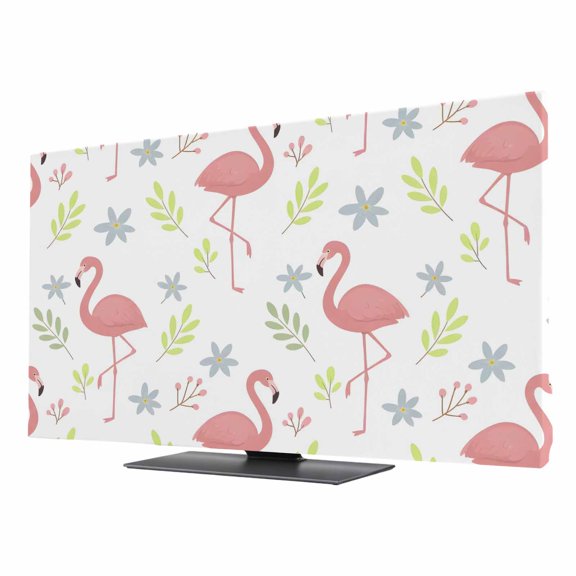 TV Cover Indoor, Summer Pink Flamingo Stretch TV Dust Cover Television Screen Protector, Cartoon Tropical Animals Rustic Leaves Elastic Polyester Display Covers, Monitor Slipcover for LED TVs 32 Inch