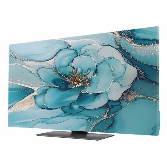 TV Cover Indoor, Teal Floral Marble Stretch TV Dust Cover Television Screen Protector, Modern Abstract Ink Painted Art Elastic Polyester Display Covers, Monitor Slipcover for LED LCD TVs 75 Inch