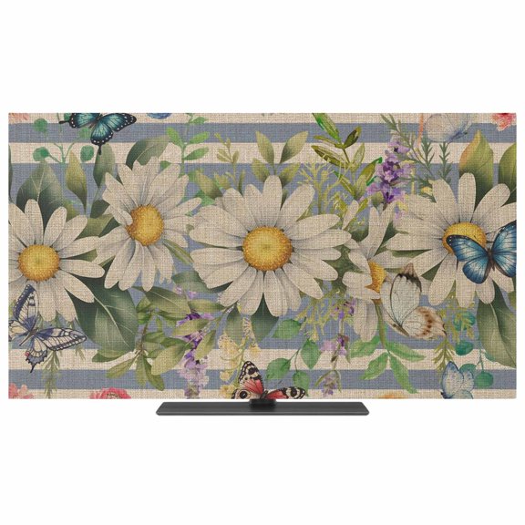 TV Cover Indoor, Vintage Daisy Floral Stretch TV Dust Cover Television Screen Protector, Spring Flowers Botanical Striped Beige Elastic Polyester Display Covers, Monitor Slipcover for LED TVs 24 Inch