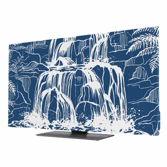 TV Cover Indoor, Waterfall Stretch TV Dust Cover Television Screen Protector, Blue Chic Vintage Tree Plants Natural Scenery Art Elastic Polyester Display Covers, Monitor Slipcover for LED TVs 24 Inch