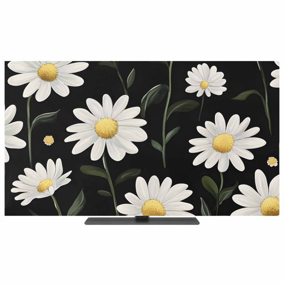 TV Cover Indoor, White Daisy Stretch TV Dust Cover Television Screen Protector, Botanical Floral Plants Stems Elastic Polyester Display Covers, Monitor Slipcover for LED LCD TVs 24 Inch