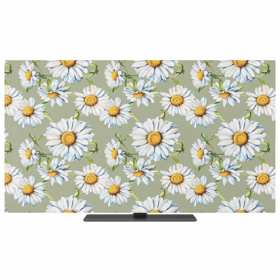 TV Cover Indoor, White Daisy Stretch TV Dust Cover Television Screen Protector, Sage Green Botanical Flowers Floral Country Elastic Polyester Display Covers, Monitor Slipcover for LED LCD TVs 24 Inch