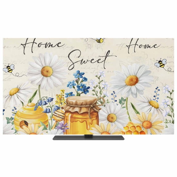 TV Cover Indoor, White Daisy Stretch TV Dust Cover Television Screen Protector, Spring Floral Elegant Pastoral Bees Watercolor Elastic Polyester Display Covers, Monitor Slipcover for LED TVs 24 Inch