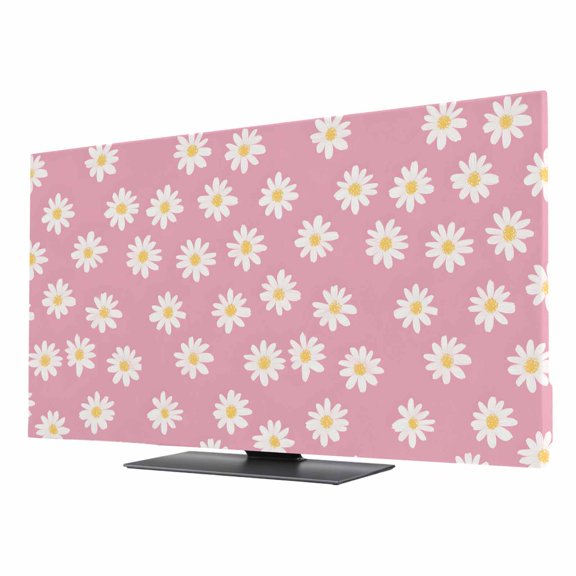 TV Cover Indoor, White Pink Daisy Stretch TV Dust Cover Television Screen Protector, Spring Summer Floral Farmhouse Elastic Polyester Display Covers, Monitor Slipcover for LED LCD TVs 85 Inch