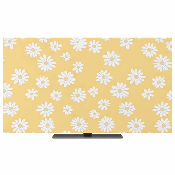 TV Cover Indoor, White Yellow Daisy Stretch TV Dust Cover Television Screen Protector, Spring Summer Floral Botanical Elastic Polyester Display Covers, Monitor Slipcover for LED LCD TVs 50 Inch