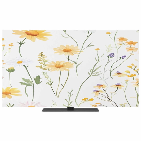 TV Cover Indoor, Yellow Daisy Floral Stretch TV Dust Cover Television Screen Protector, Spring Rustic Botanical Flowers Elastic Polyester Display Covers, Monitor Slipcover for LED LCD TVs 24 Inch