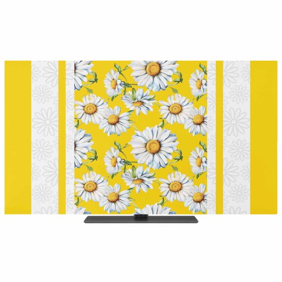 TV Cover Indoor, Yellow Daisy Stretch TV Dust Cover Television Screen Protector, Farmhouse Floral Yellow Striped Elastic Polyester Display Covers, Monitor Slipcover for LED LCD TVs 24 Inch