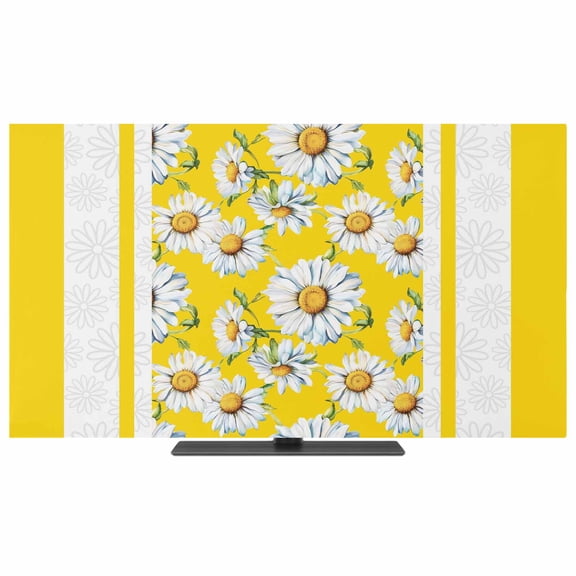 TV Cover Indoor, Yellow Daisy Stretch TV Dust Cover Television Screen Protector, Farmhouse Floral Yellow Striped Elastic Polyester Display Covers, Monitor Slipcover for LED LCD TVs 55 Inch