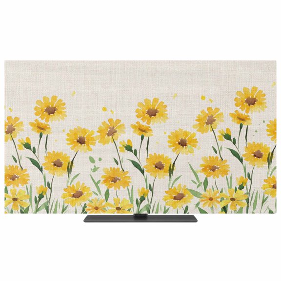 TV Cover Indoor, Yellow Spring Floral Stretch TV Dust Cover Television Screen Protector, Pastoral Flowers Daisy Rustic Elastic Polyester Display Covers, Monitor Slipcover for LED LCD TVs 24 Inch