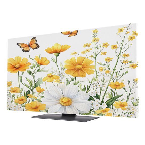 TV Cover Indoor, Yellow Spring Floral Stretch TV Dust Cover Television Screen Protector, Pastoral Summer Botanical Daisy Elastic Polyester Display Covers, Monitor Slipcover for LED LCD TVs 24 Inch