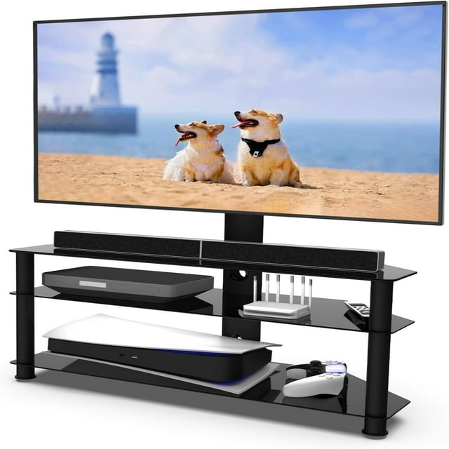 TV Floor Stand with Three Media Pallet Universal TV Stand Height