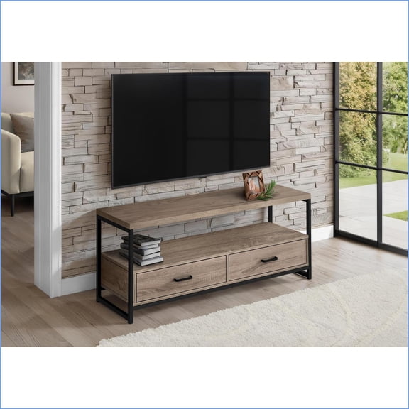 TV Furniture | 48 Inch Modern TV Stand with Storage Drawers, Brown Laminate Black Metal | Taupe | Particle Board
