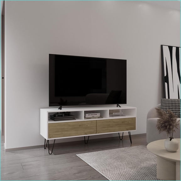TV Furniture 54 Wide White/Natural Oak TV Stand with Pull-Down Doors, Shelves, Cable Management | Modern | TV Size Ranges 60-69 inches