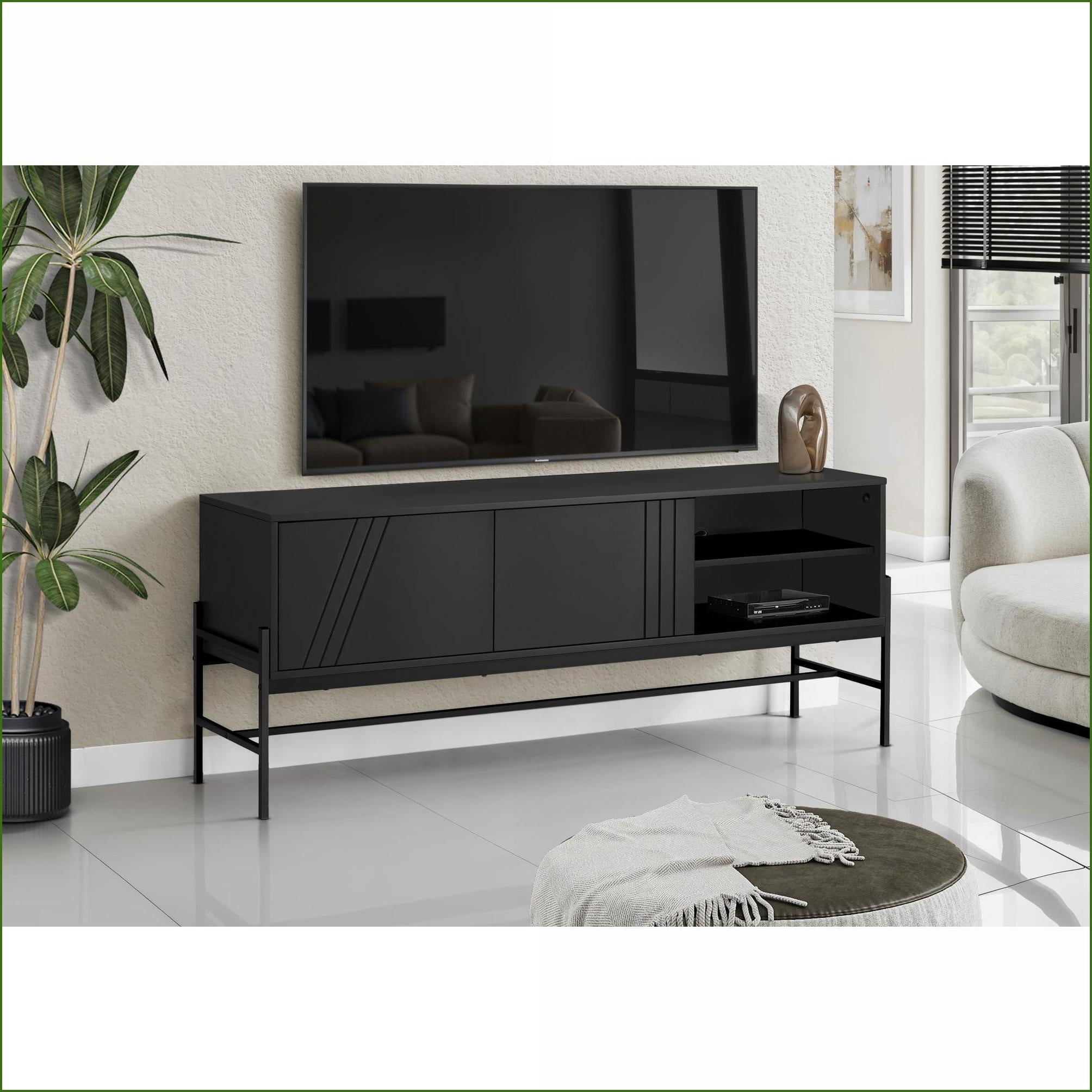 TV Furniture | 60 Inch Modern TV Stand with Storage | Black Laminate & Metal | Black | TV Size Ranges 80-89 inches