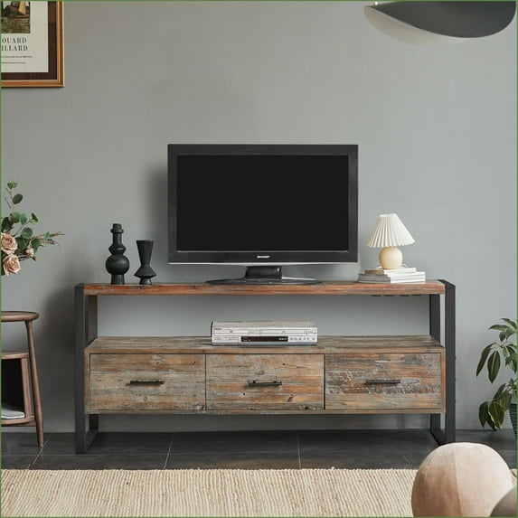 TV Furniture 60 Inch Farmhouse Reclaimed Wood Media Console with 3 Drawers, Open Shelf | Antique Finish | TV Size Ranges