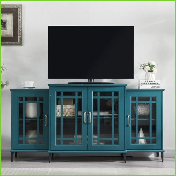 TV Furniture 62'' TV Stand Buffet Sideboard with Storage, Teal Blue | MDF+Glass | Primary Living Space