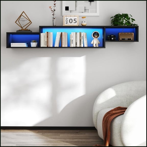 TV Furniture | 65.35in Modern Floating Wall Mounted TV Stand with 20 Color LEDs & Charging Station | Particle Board+MDF | TV Size Ranges 50-59 inches