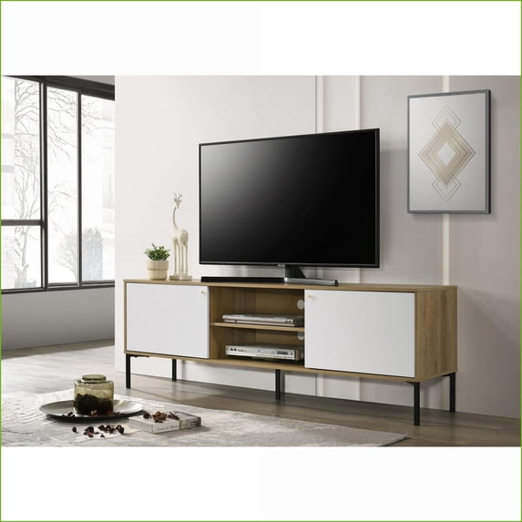 TV Furniture Burke 70”W White & Oak 2-Door TV Stand | White+Oak | Fits 60-69 Inch TVs