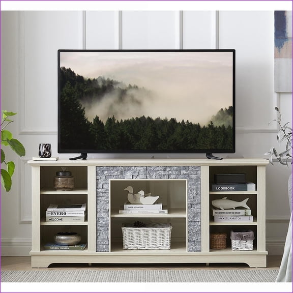 TV Furniture, Classic White Entertainment Console with Faux Stone | Fits 65 TVs | MDF | TV Size Ranges 60-69 inches