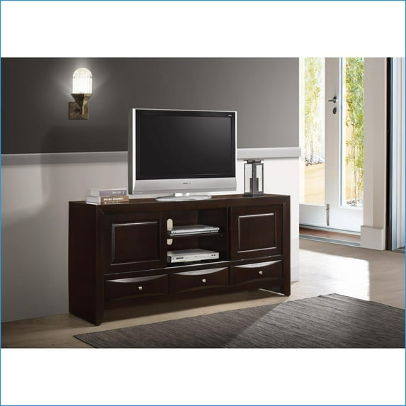 TV Stand with 3 Drawers & Open Shelf, Dark Cherry Finish | Contemporary | Fits 60-69” TVs