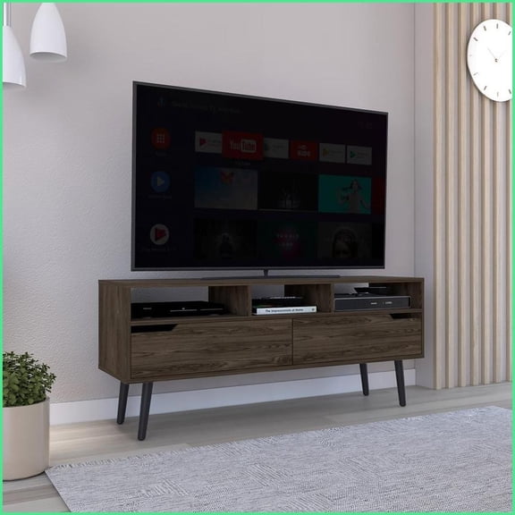 TV Furniture Dark Walnut TV Stand with 3 Shelves & 2 Drawers | Fits TVs Up to 60" | Walnut | Particle Board