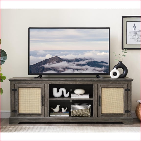 TV Furniture Farmhouse Antique Gray MDF TV Stand | Fits 70 TVs, Rattan Cabinets | 65W