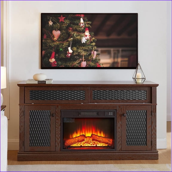 TV Furniture | Dark Cherry Farmhouse TV Stand with 23'' Fireplace, 58'' Wide, Storage | Cherry | TV Size Ranges 60-69 inches
