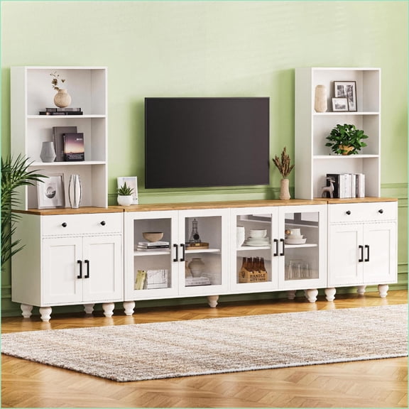 TV Furniture Farmhouse Media Console with Solid Wood Gourd Legs, Bookshelves, Glass Doors for TVs Up to 70" | TV Size Ranges | White+Natural
