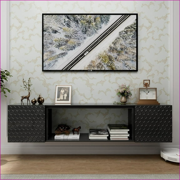 TV Furniture Floating Wall Mount TV Stand for 80 Inch TVs - Contemporary with Storage & Cable Management | Black | MDF