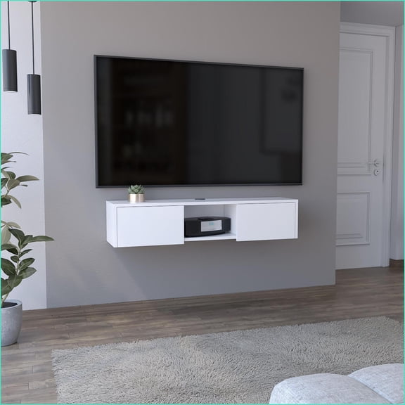 TV Furniture Floating Wall-Mounted TV Stand, Sleek White Manufactured Wood with 2 Doors | White | TV Size Ranges 50-59 inches
