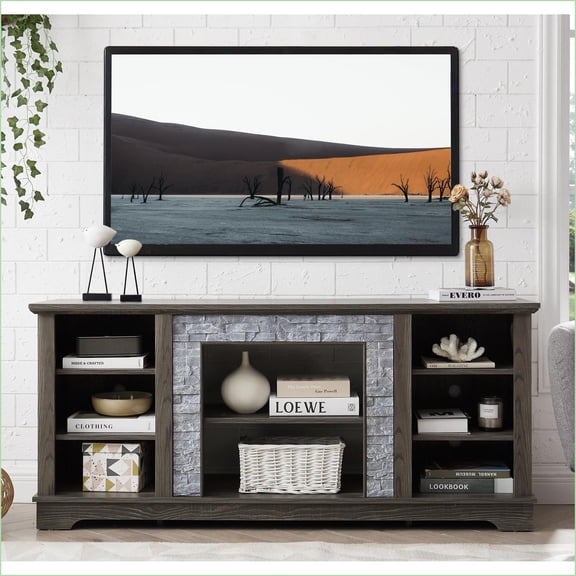 TV Furniture, Grey Modern Entertainment Console with Faux Stone | Fits Up to 65 TV | MDF Material