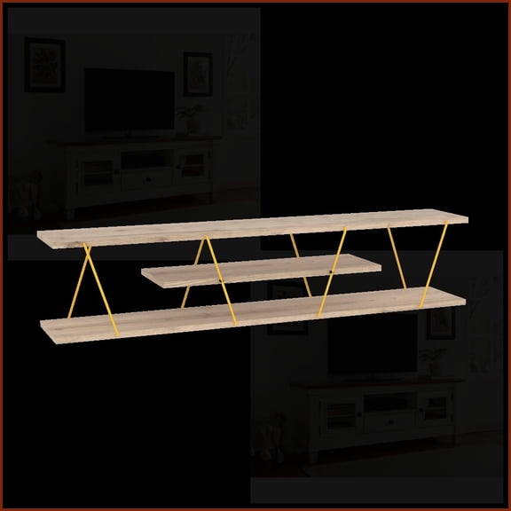 TV Furniture | Mid-Century Modern 56 Inch TV Stand, 4 Open Shelves, Metal Cord Management, Oak/Yellow | Oak | TV Size Ranges