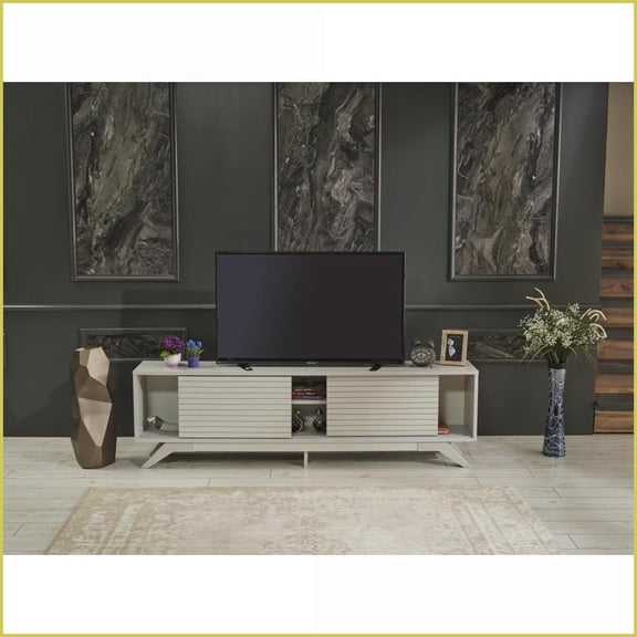 TV Furniture | Mid-Century Modern 67 Inch TV Stand with 2 Sliding Doors & 2 Shelves, Grey | TV Size Ranges: Up to 67 Inches | Grey