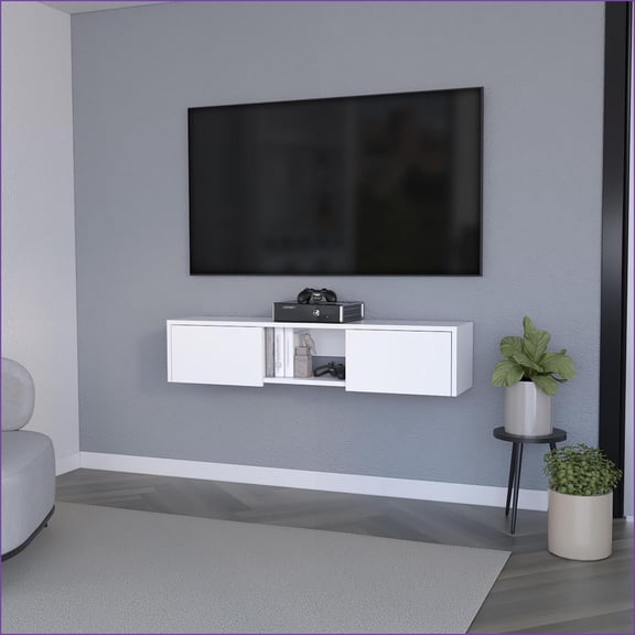 TV Furniture Floating TV Stand with 2 Doors & Open Shelf, Modern White | TV Size Ranges 40-49 inches | Engineered Wood