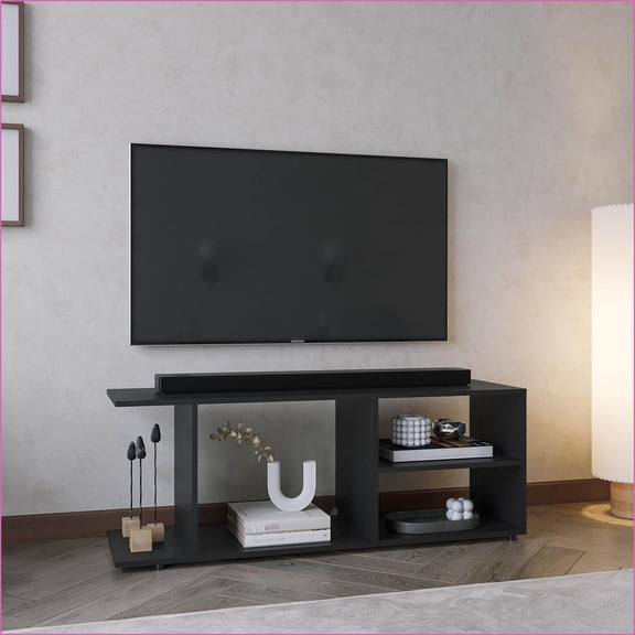 TV Furniture Modern 17.8 H Entertainment Center with 4 Shelves, Black | Engineered Wood | Black