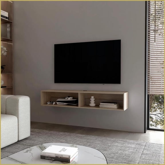 TV Furniture Modern 2-Shelf Floating Media Rack, Melamine White Oak | White Oak | TV Size Ranges 60-69 inches