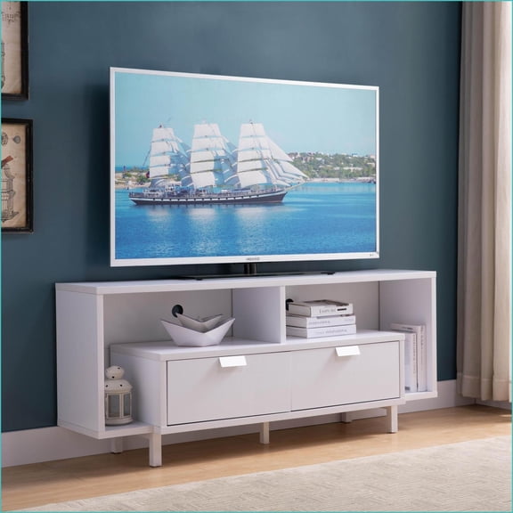 TV Furniture | Modern 60” White TV Stand with Drawers & Shelves | Particle Board | Fits 50-59” TVs