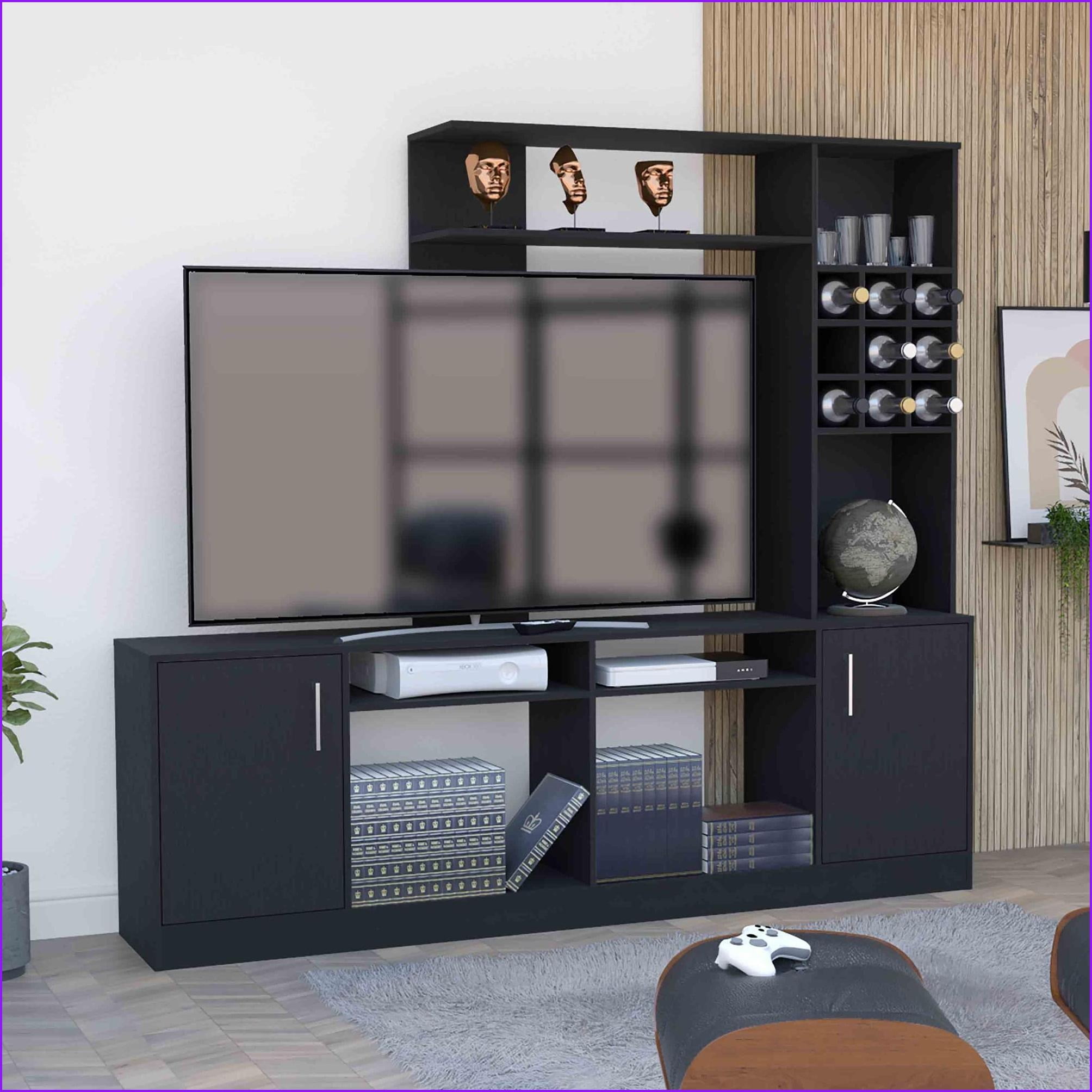 TV Furniture, Modern Black Entertainment Center with 6 External Shelves & Double Door Cabinet, Fits TVs Up to 37" | Particle Board | Primary Living Space