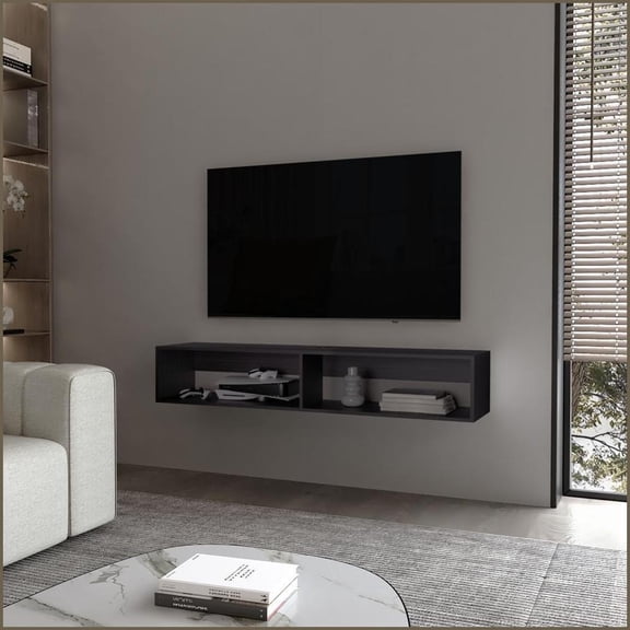TV Furniture Modern Floating Media Rack with 2 Shelves, 59.1W Wengue | Melamine | Particle Board