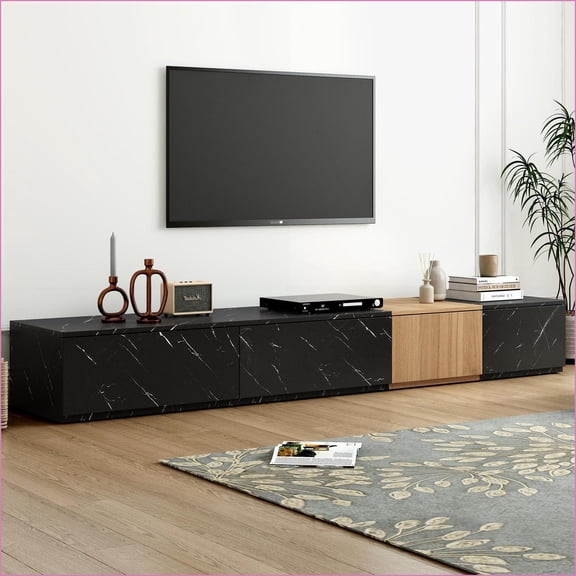 TV Furniture | Modern Modular TV Stand with 4 Drawers, Faux Marble & Walnut | Fits 88'' TVs | Particle Board | Black