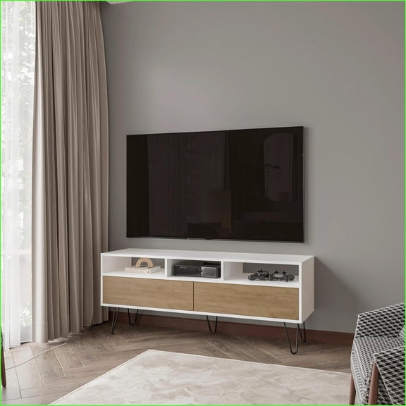 TV Furniture Modern Rustic White & Natural Oak TV Stand with 2 Doors & 5 Open Shelves | White+Natural | TV Size Ranges 60-69 inches