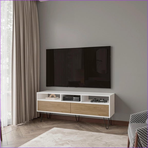 TV Furniture Modern Rustic White & Natural Oak TV Stand with 5 Open Shelves | Fits 60-69 Inch TVs | Particle Board