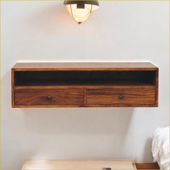 TV Furniture | Modern Solid Mango Wood Chestnut Wall-Mounted Media Unit | Solid Wood | TV Size 39in or Less