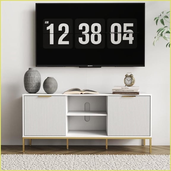 TV Furniture Modern White Gold Leg TV Stand with Wave Doors, Open & Adjustable Shelves | White+Gold | Fits 60-69 TVs