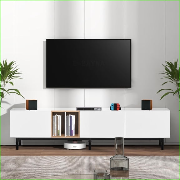 TV Furniture | Modern White MDF TV Stand for 80'' TV with Drop Down Doors & Storage
