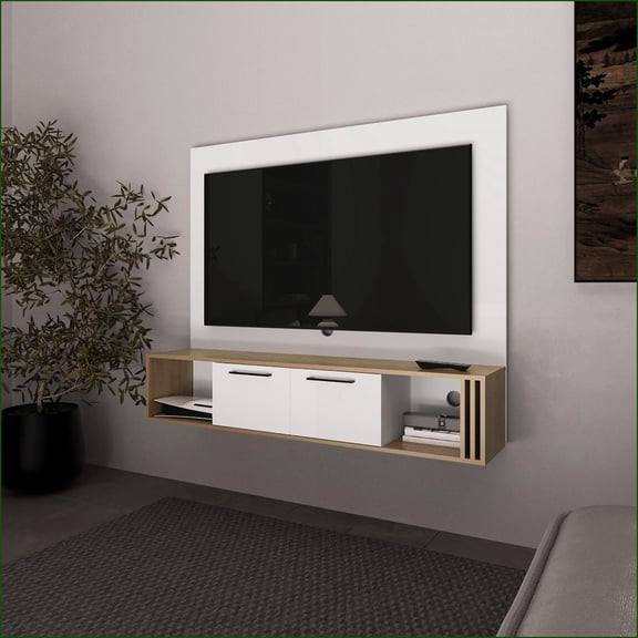 TV Furniture Modern Wall-Mounted Entertainment Center with Storage & Cable Management, White/Natural Oak | TV Size 40-49in | Particle Board