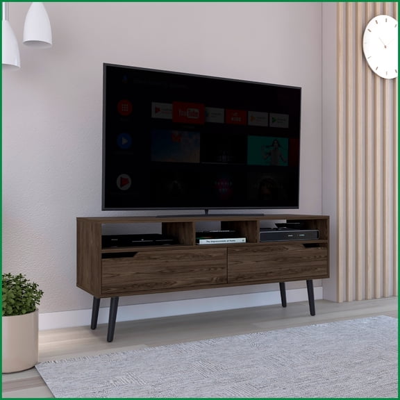TV Furniture TV Stand with 56-Inch Top, 3 Shelves & 2 Drawers, Dark Walnut | Brown | TV Size 50-59 Inches