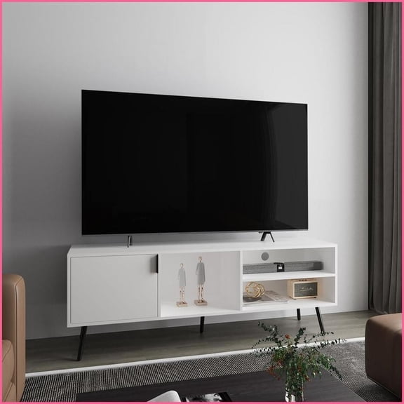 Contemporary TV Stand 1 Door 3 Shelves White | Engineered Wood | White